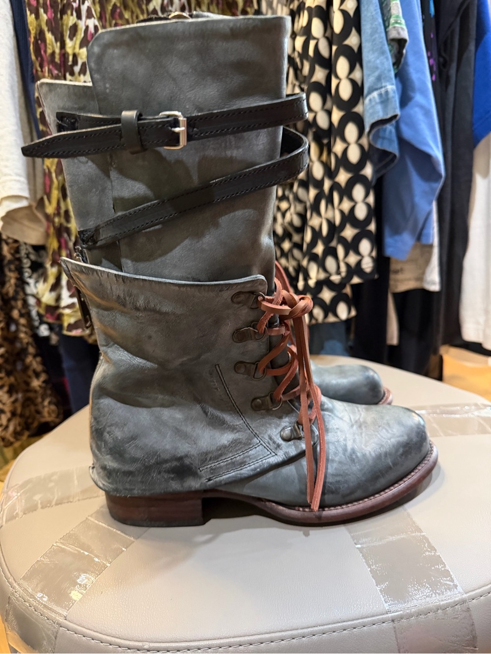 freebird Gray Lace-Up mid calf steam punk Combat Boots with a distressed look